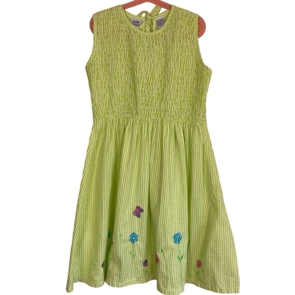 Vintage Hearts & Flowers Smocked Green/white Gingham Sundress Ties at Back Sz 12 - Picture 1 of 15